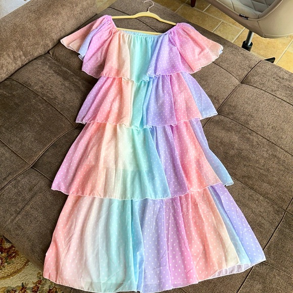 Dresses & Skirts - Off-Shoulder Pastel Rainbow Tiered Maxi Dress - Strapless Style